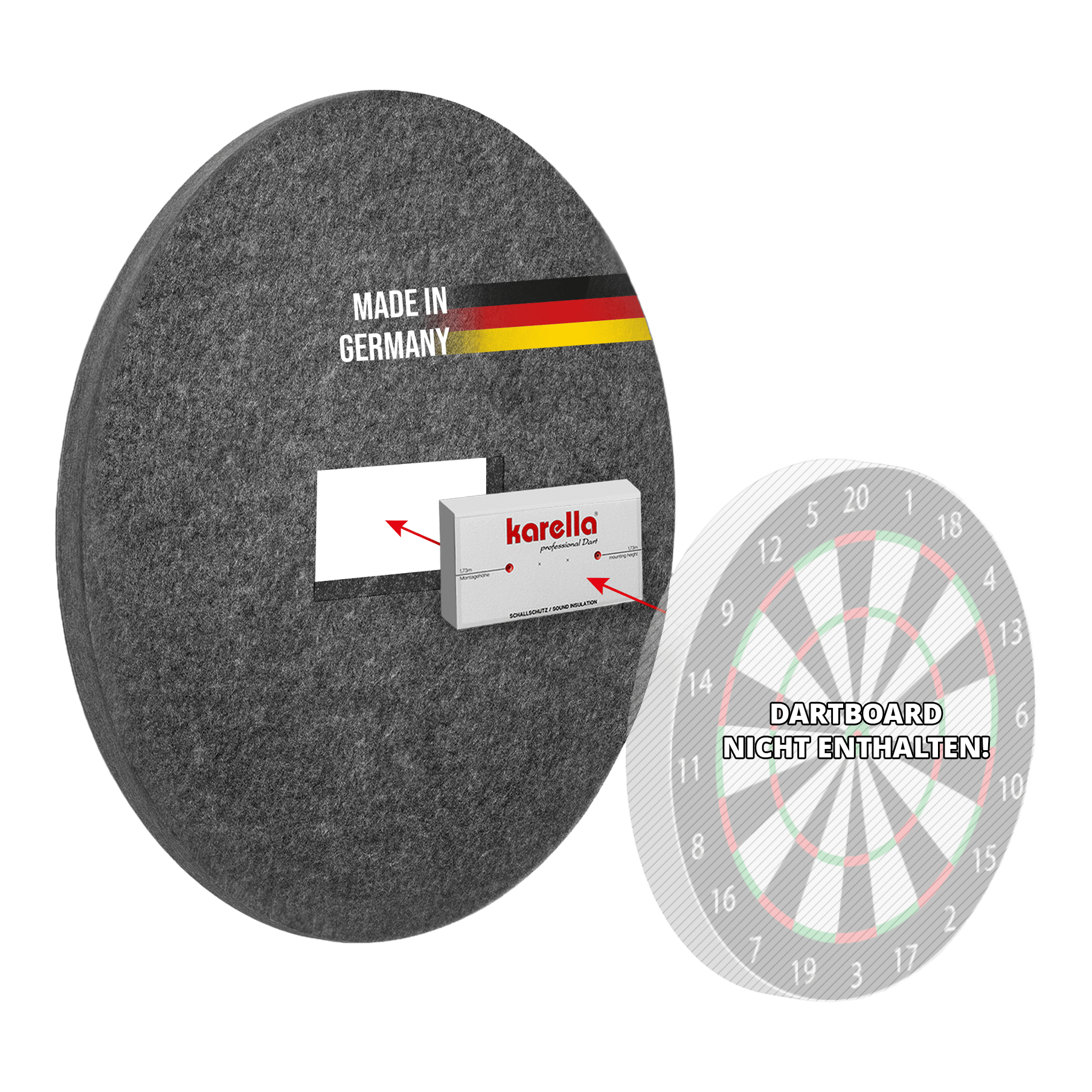 Dieses Bild zeigt den Schallschutz Karella für Steeldartboards mit integriertem Surround Auffangring. Das Produkt dient zur Geräuschdämmung beim Dartspielen.